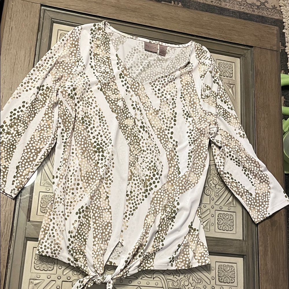 Chico's White and Green Abstract Dot Blouse